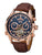 Blue serene dial with rose color case and brown leather band.