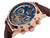 Blue dial with rose case and brown leather with rose buttons.