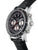 Black dial with 3 sub dial design in a silver case and black leather band.