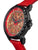 Side view of the London collection with red leather band and black case in a skeletonized dial.