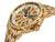 Side view of the London collection with gold plated stainless steel band and a gold case in a skeletonized dial.