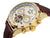 Watch with brown leather band with gold case and white face.