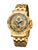 Gold color case with gold and silver dial and Roman numerals with gold bracelet band.